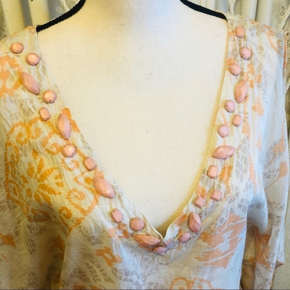Forever 21 Top Silk Ivory and Coral Beaded Kimono Sleeve Deep Vneck Cover Up - Picture 3 of 12